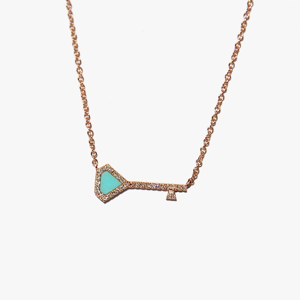 14k Pave Diamond Turquoise Diamond Key Pendant/Necklace